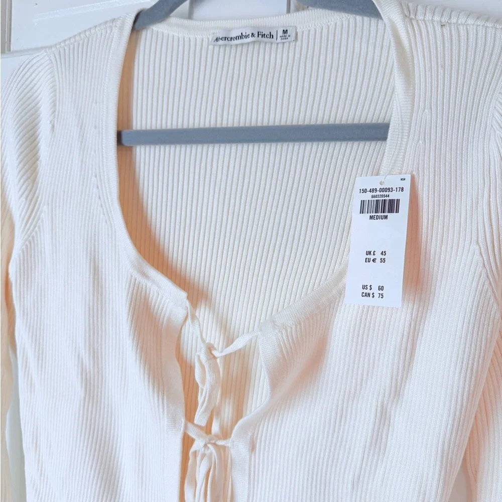 Abercrombie & Fitch Cream Ribbed Tie-Front Long Sleeve Cardigan - Picture 4 of 5